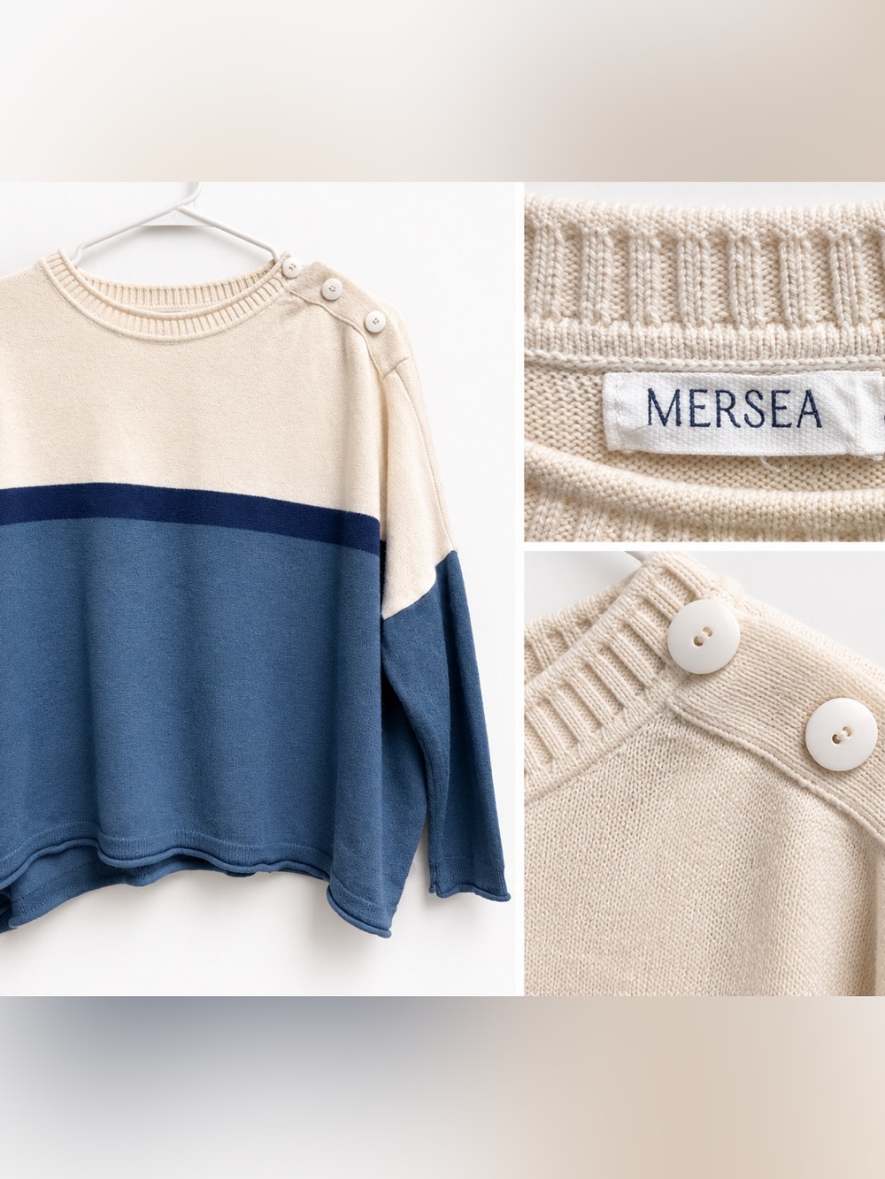 Mersea Cream & Blue Button-Shoulder Crewneck Sweater